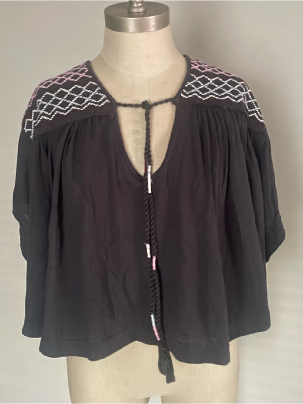 Free People market dark grey embroidered v neck top